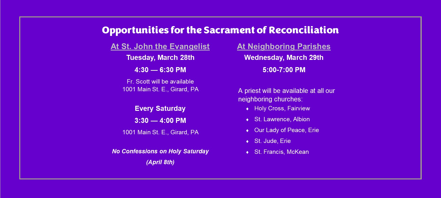 Opportunities for Confession during lent 2023